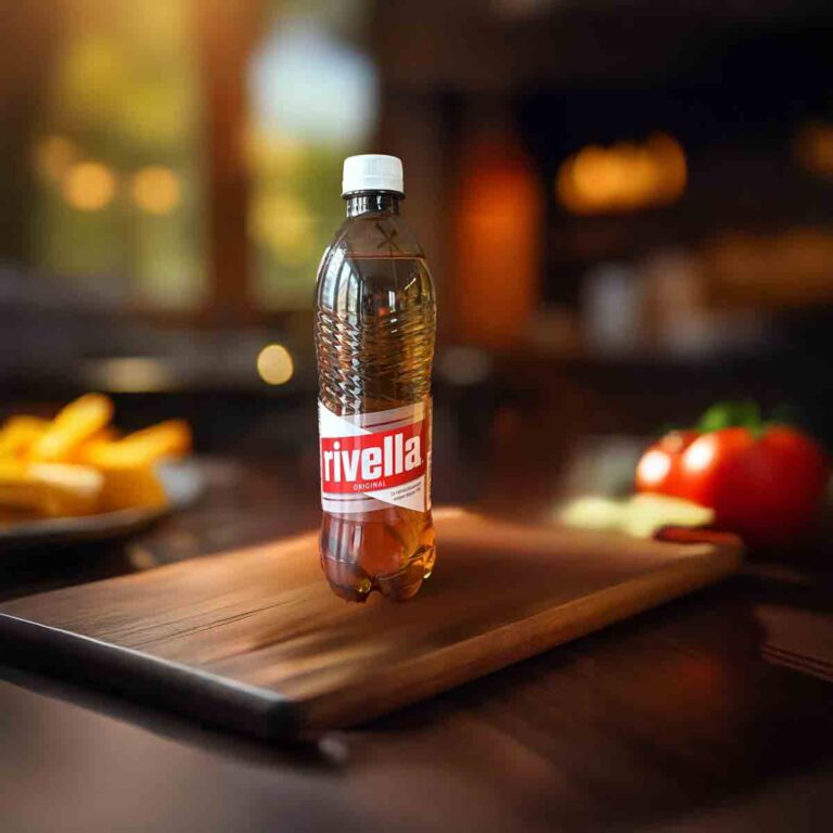 Schwebende Rivella-Flasche auf Holzbrett, Hintergrund unscharf.