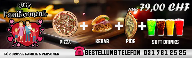 Großes Familienmenü: Pizza, Kebab, Pide, Softdrinks.
