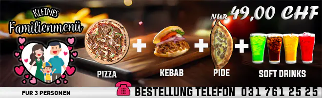 Familienmenü mit Pizza, Kebab, Pide, Softdrinks für 49 CHF.